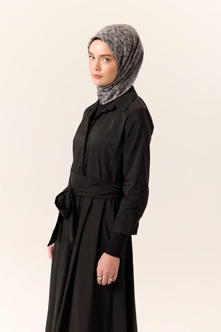 İnce Pamuk Soft Eşarp Koyu Gri-Vizon Geometrik Desenli Tok Duruşlu 90X90