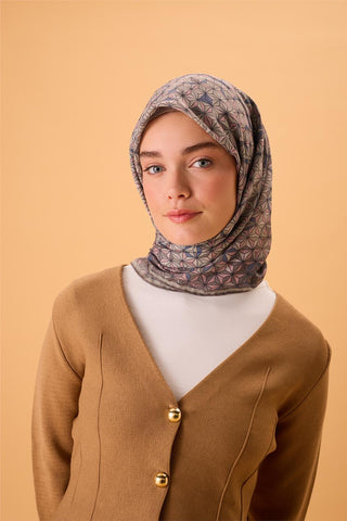 İnce Pamuk Soft Eşarp Vizon-Pembe Geometrik Desenli Tok Duruşlu 90X90 - Soft Eşarp - | Silk Home