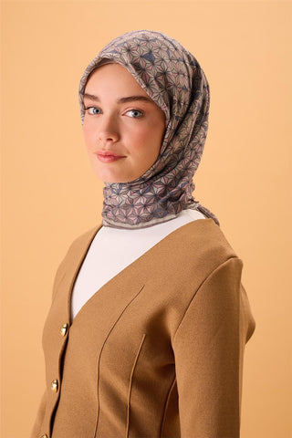 İnce Pamuk Soft Eşarp Vizon-Pembe Geometrik Desenli Tok Duruşlu 90X90 - Soft Eşarp - | Silk Home