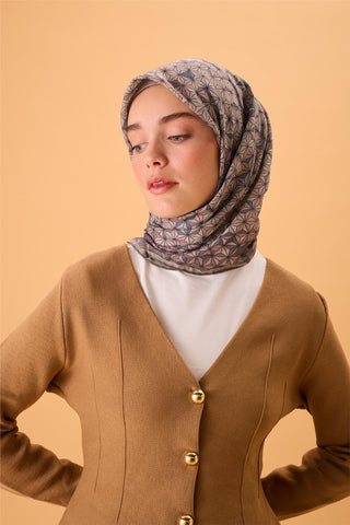 İnce Pamuk Soft Eşarp Vizon-Pembe Geometrik Desenli Tok Duruşlu 90X90 - Soft Eşarp - | Silk Home