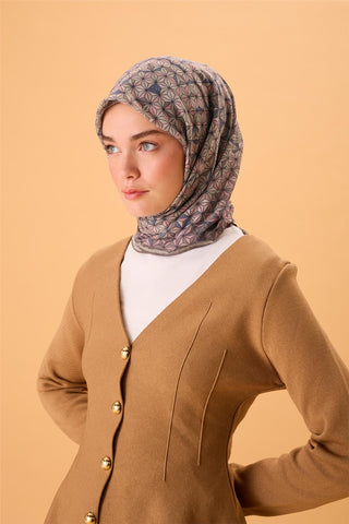 İnce Pamuk Soft Eşarp Vizon-Pembe Geometrik Desenli Tok Duruşlu 90X90 - Soft Eşarp - | Silk Home