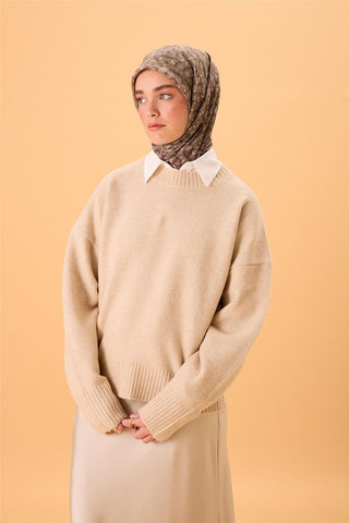 İnce Pamuk Soft Eşarp Kahverengi Yeşil Krem Vizon Desenli Kaymaz Dokulu Tok Duruşlu 90X90 - Soft Eşarp - | Silk Home