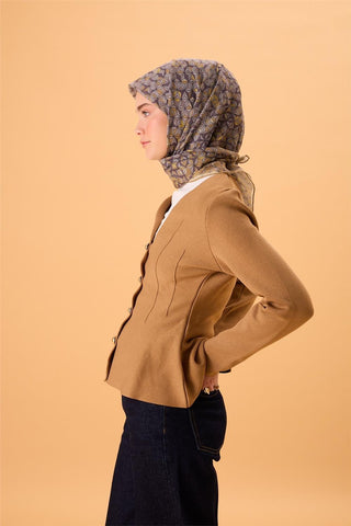 İnce Pamuk Soft Eşarp Hardal Koyu Vizon Gri Sarı Desenli Kaymaz Dokulu Tok Duruşlu 90X90 - Soft Eşarp - | Silk Home