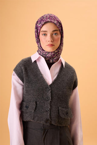 İnce Pamuk Soft Eşarp Antrasit Violet Bej Krem Desenli Kaymaz Dokulu Tok Duruşlu 90X90 - Soft Eşarp - | Silk Home