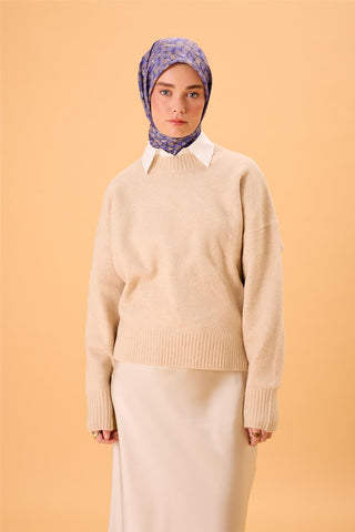 İnce Pamuk Soft Eşarp Mor-Vizon Geometrik Desenli Nefes Alan 90X90