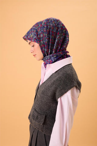 İnce Pamuk Soft Eşarp Mor-Fıstık Yeşili-Gri-Fuşya Desenli Nefes Alan Kaymaz Dokulu 90X90 - Soft Eşarp - | Silk Home