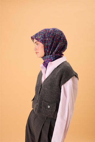 İnce Pamuk Soft Eşarp Mor-Fıstık Yeşili-Gri-Fuşya Desenli Nefes Alan Kaymaz Dokulu 90X90 - Soft Eşarp - | Silk Home