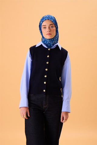 İnce Pamuk Soft Eşarp Saks-Gök Mavi-Buz Mavi-Lacivert Desenli Nefes Alan Kaymaz Dokulu 90X90 - Soft Eşarp - | Silk Home