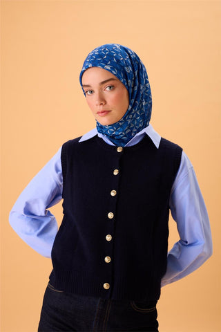 İnce Pamuk Soft Eşarp Saks-Gök Mavi-Buz Mavi-Lacivert Desenli Nefes Alan Kaymaz
                Dokulu 90X90
