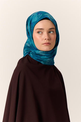 İnce Pamuk Soft Eşarp Lacivert-Turkuaz Desenli Nefes Alan Tok Duruşlu 90X90