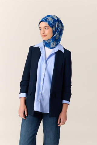 İnce Pamuk Soft Eşarp Saks-Gümüş Desenli Nefes Alan Tok Duruşlu 90X90 - Soft Eşarp - | Silk Home