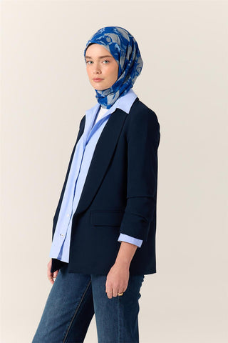 İnce Pamuk Soft Eşarp Saks-Gümüş Desenli Nefes Alan Tok Duruşlu 90X90