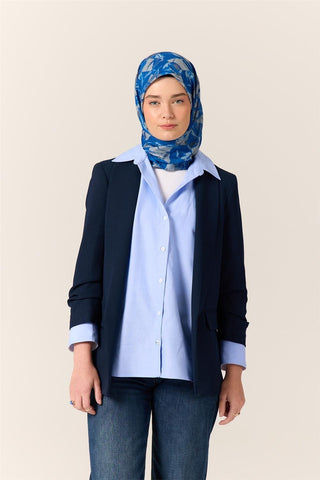 İnce Pamuk Soft Eşarp Saks-Gri Desenli Nefes Alan Tok Duruşlu 90X90 - Soft Eşarp - | Silk Home