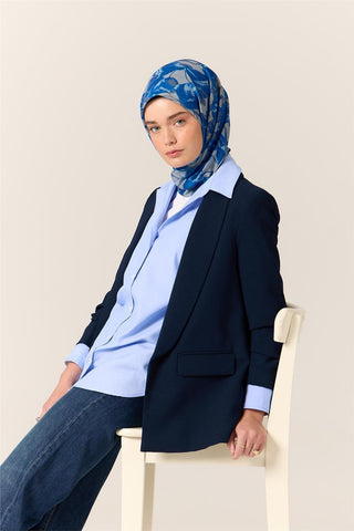İnce Pamuk Soft Eşarp Saks-Gri Desenli Nefes Alan Tok Duruşlu 90X90 - Soft Eşarp - | Silk Home