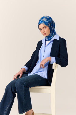 İnce Pamuk Soft Eşarp Saks-Gri Desenli Nefes Alan Tok Duruşlu 90X90