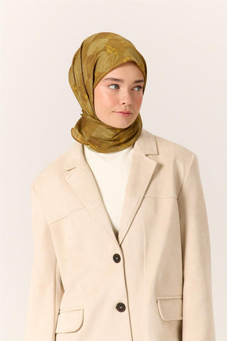 İnce Pamuk Soft Eşarp Kimyon-Yeşil Desenli Nefes Alan Tok Duruşlu 90X90 - Soft Eşarp - | Silk Home