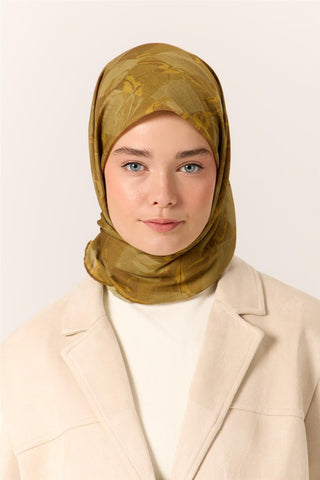 İnce Pamuk Soft Eşarp Kimyon-Yeşil Desenli Nefes Alan Tok Duruşlu 90X90 - Soft Eşarp - | Silk Home