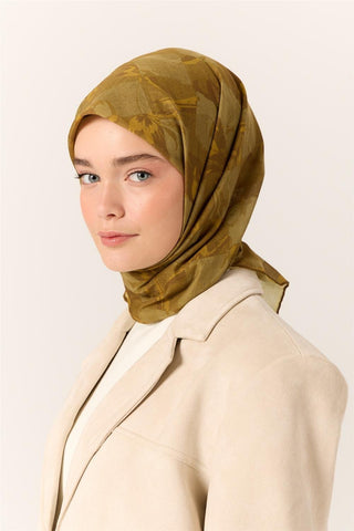 İnce Pamuk Soft Eşarp Kimyon-Yeşil Desenli Nefes Alan Tok Duruşlu 90X90 - Soft Eşarp - | Silk Home