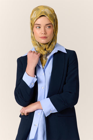 İnce Pamuk Soft Eşarp Hardal-Olive Yaprak Desenli Nefes Alan Tok Duruşlu 90X90 - Soft Eşarp - | Silk Home