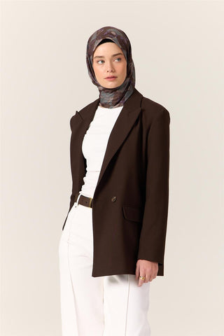 İnce Pamuk Soft Eşarp Acı Kahve-Eflatun Desenli Kaymaz Dokulu Tok Duruşlu 90X90 - Soft Eşarp - | Silk Home