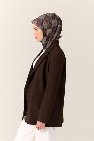 İnce Pamuk Soft Eşarp Acı Kahve-Eflatun Desenli Kaymaz Dokulu Tok Duruşlu 90X90