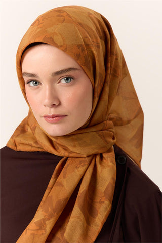 İnce Pamuk Soft Eşarp Turuncu-Taba Desenli Kaymaz Dokulu Tok Duruşlu 90X90 - Soft Eşarp - | Silk Home