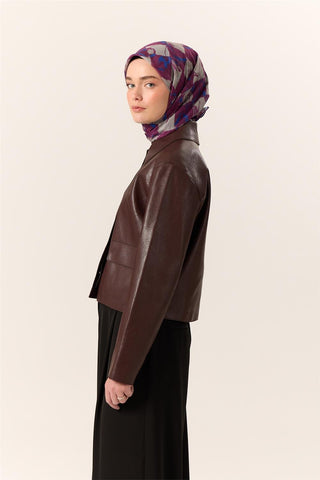 İnce Pamuk Soft Eşarp Mor-Saks Desenli Kaymaz Dokulu Tok Duruşlu 90X90