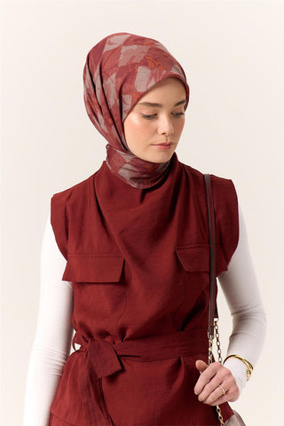 İnce Pamuk Soft Eşarp Taba-Bordo Desenli Kaymaz Dokulu Tok Duruşlu 90X90 - Soft Eşarp - | Silk Home