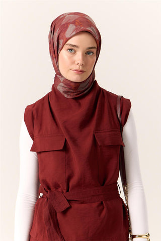 İnce Pamuk Soft Eşarp Taba-Bordo Desenli Kaymaz Dokulu Tok Duruşlu 90X90 - Soft Eşarp - | Silk Home
