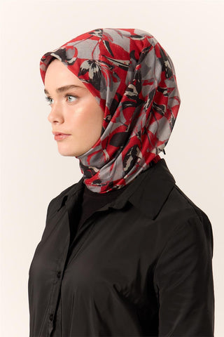 İnce Pamuk Soft Eşarp Kırmızı-Gri Desenli Kaymaz Dokulu Tok Duruşlu 90X90 - Soft Eşarp - | Silk Home