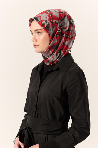 İnce Pamuk Soft Eşarp Kırmızı-Gri Desenli Kaymaz Dokulu Tok Duruşlu 90X90