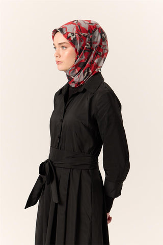 İnce Pamuk Soft Eşarp Kırmızı-Gri Desenli Kaymaz Dokulu Tok Duruşlu 90X90