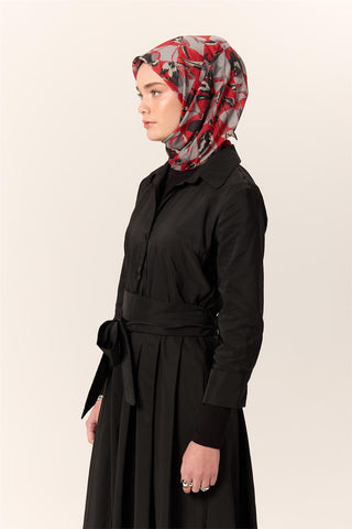 İnce Pamuk Soft Eşarp Kırmızı-Gri Desenli Kaymaz Dokulu Tok Duruşlu 90X90