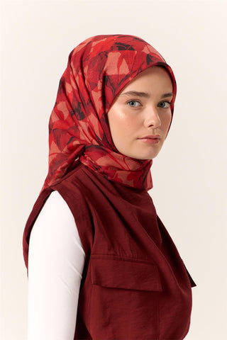 İnce Pamuk Soft Eşarp Bordo-Kırmızı Desenli Kaymaz Dokulu Tok Duruşlu 90X90