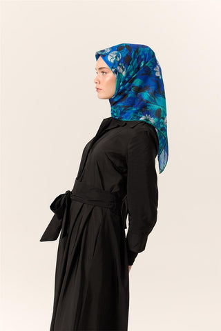 İnce Pamuk Eşarp Patina Yeşili Gece Mavisi Desenli Kaymaz Tok Duruşlu 90X90 - Soft Eşarp - | Silk Home