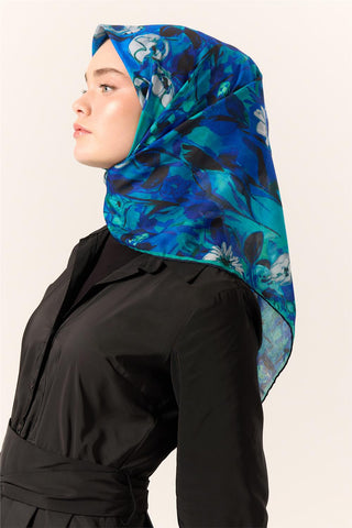 İnce Pamuk Eşarp Patina Yeşili Gece Mavisi Desenli Kaymaz Tok Duruşlu 90X90 - Soft Eşarp - | Silk Home