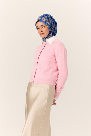 İnce Pamuk Soft Eşarp Saks-Pudra Desenli Kaymaz Dokulu Tok Duruşlu 90X90