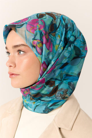 İnce Pamuk Soft Eşarp Mavi-Bebe Mavi Desenli Kaymaz Dokulu Tok Duruşlu 90X90