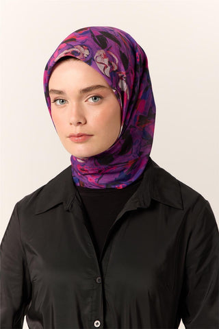 İnce Pamuk Soft Eşarp Mor-Fuşya Desenli Kaymaz Dokulu Tok Duruşlu 90X90 - Soft Eşarp - | Silk Home