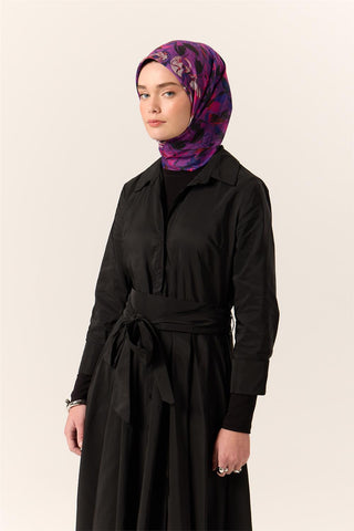 İnce Pamuk Soft Eşarp Mor-Fuşya Desenli Kaymaz Dokulu Tok Duruşlu 90X90