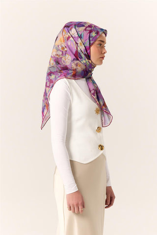 İnce Pamuk Soft Eşarp Lila-Parlak Turuncu Desenli Kaymaz Dokulu Tok Duruşlu
                90X90