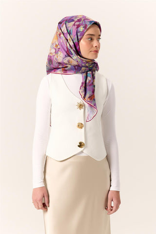 İnce Pamuk Soft Eşarp Lila-Parlak Turuncu Desenli Kaymaz Dokulu Tok Duruşlu
                90X90