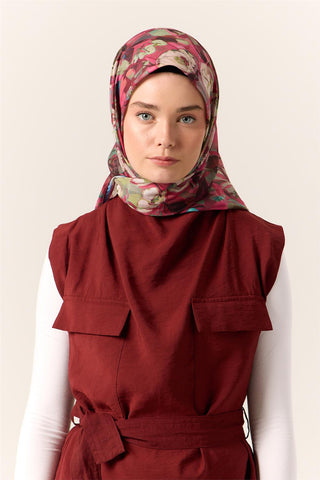 İnce Pamuk Soft Eşarp Yeşil-Pembe Desenli Kaymaz Dokulu Tok Duruşlu 90X90 - Soft Eşarp - | Silk Home