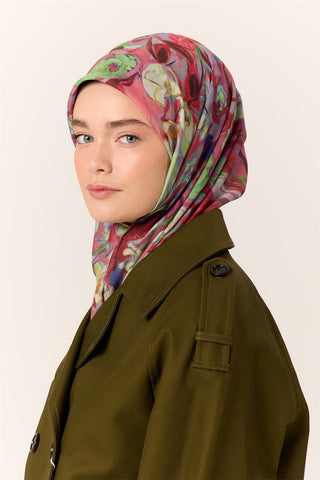 İnce Pamuk Soft Eşarp Narçiçeği-Mint Yeşili Desenli Kaymaz Dokulu Tok Duruşlu 90X90 - Soft Eşarp - | Silk Home