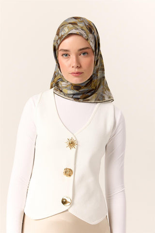 İnce Pamuk Soft Eşarp Gri-Yağ Yeşili Desenli Kaymaz Dokulu Tok Duruşlu 90X90 - Soft Eşarp - | Silk Home