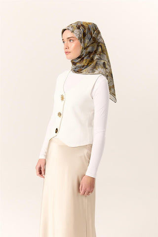 İnce Pamuk Soft Eşarp Gri-Yağ Yeşili Desenli Kaymaz Dokulu Tok Duruşlu 90X90 - Soft Eşarp - | Silk Home