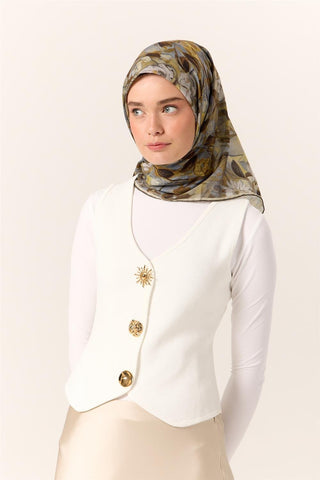 İnce Pamuk Soft Eşarp Gri-Yağ Yeşili Desenli Kaymaz Dokulu Tok Duruşlu 90X90 - Soft Eşarp - | Silk Home