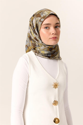 İnce Pamuk Soft Eşarp Gri-Yağ Yeşili Desenli Kaymaz Dokulu Tok Duruşlu 90X90