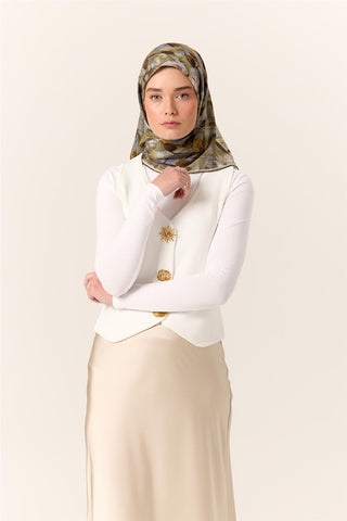 İnce Pamuk Soft Eşarp Gri-Yağ Yeşili Desenli Kaymaz Dokulu Tok Duruşlu 90X90