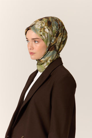 İnce Pamuk Soft Eşarp Haki-Fıstık Yeşili Desenli Kaymaz Dokulu Tok Duruşlu 90X90 - Soft Eşarp - | Silk Home